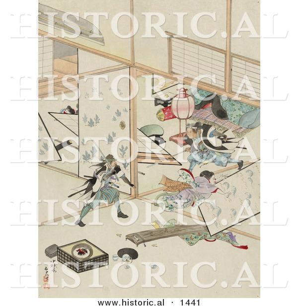 Historical Illustration of Japanese Samurai Men Wrecking the Interior of a House During a Sword Fight