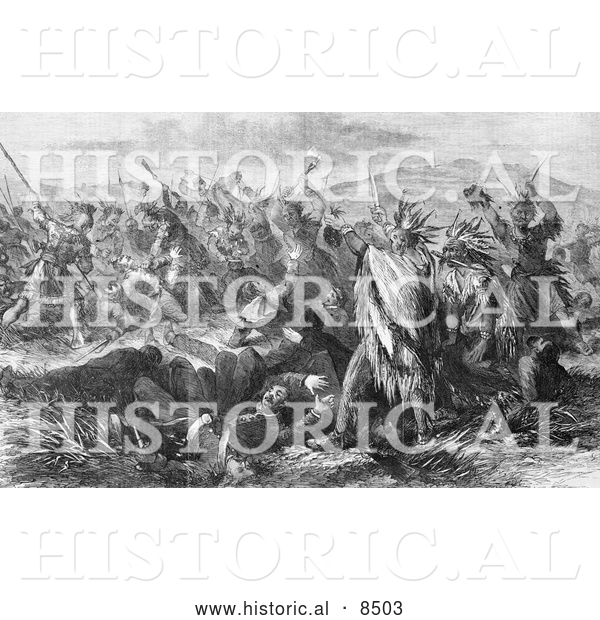 Historical Illustration of Massacre of United States Troops by the Sioux and Cheyenne India 1866 - Black and White Version