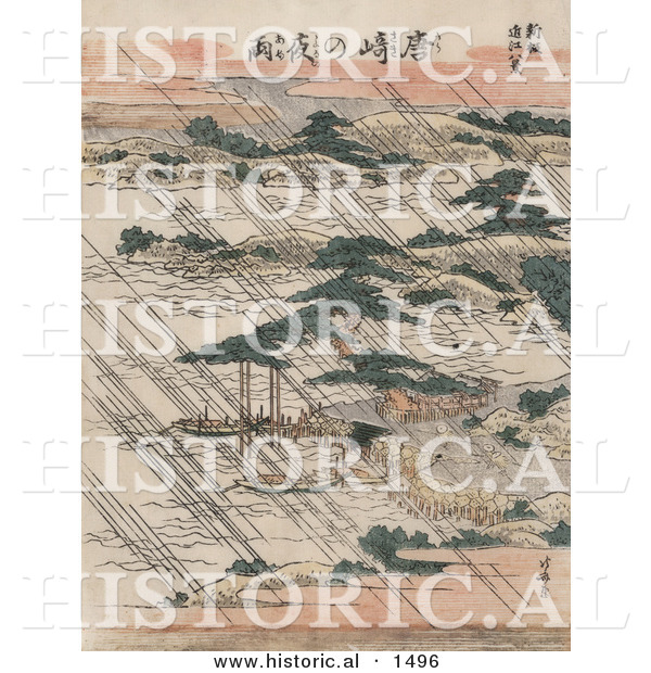 Historical Illustration of Rain over Lake Biwa and Karasaki Pine, Japan
