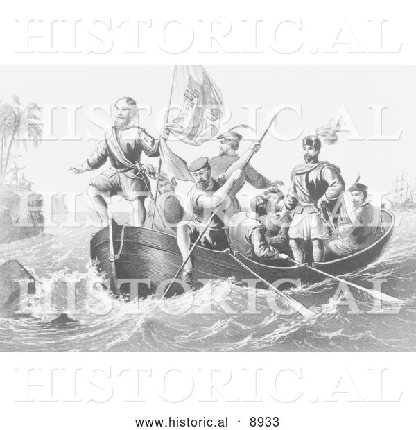 Historical Illustration of the Landing of Columbus at San Salvador 1492 - Black and White Version
