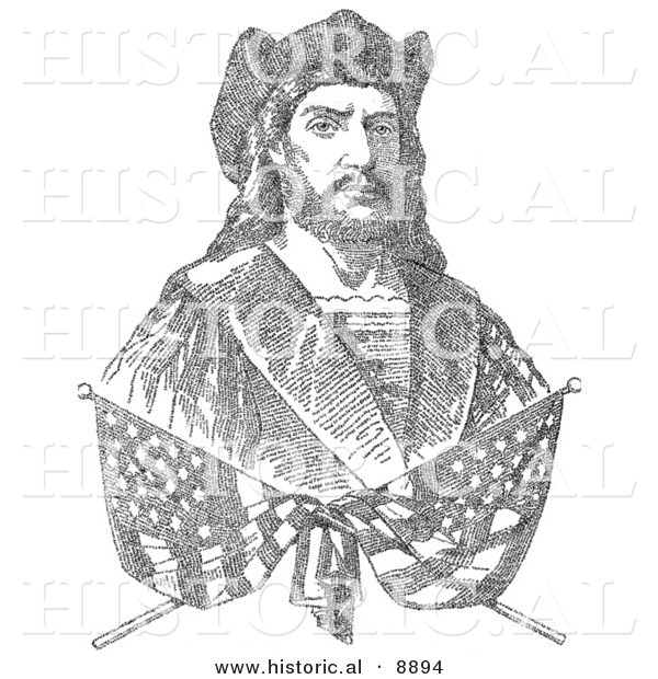 Historical Illustration of Two Crossed American Flags over a Portrait of Christopher Columbus Which Is Composed of 41,819 Letters Representing the Biography of Columbus - Black and White Version