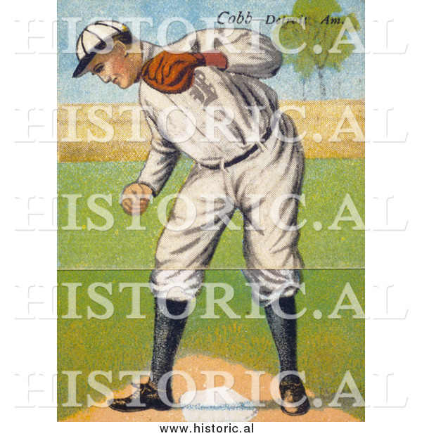Historical Illustration of Ty Cobb Standing over Base Plate While Looking down - Vintage Baseball Card