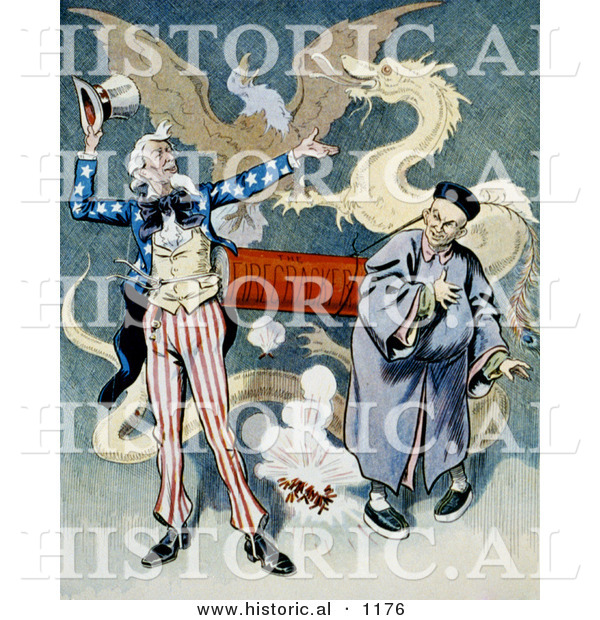 Historical Illustration of Uncle Sam Beside a Chinese Man Connected to a Firecracker with a Dragon and Eagle in the Background