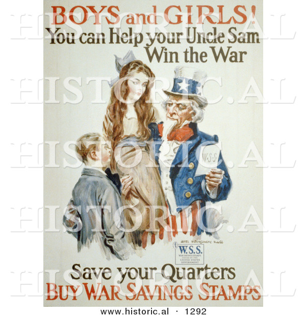 Historical Illustration of Uncle Sam: Boys and Girls! You Can Help Win the War - Save Your Quarters - Buy War Savings Stamp