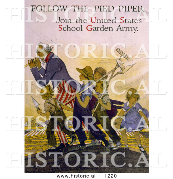 Historical Illustration of Uncle Sam: Follow the Pied Piper and Join the United States School Garden Army