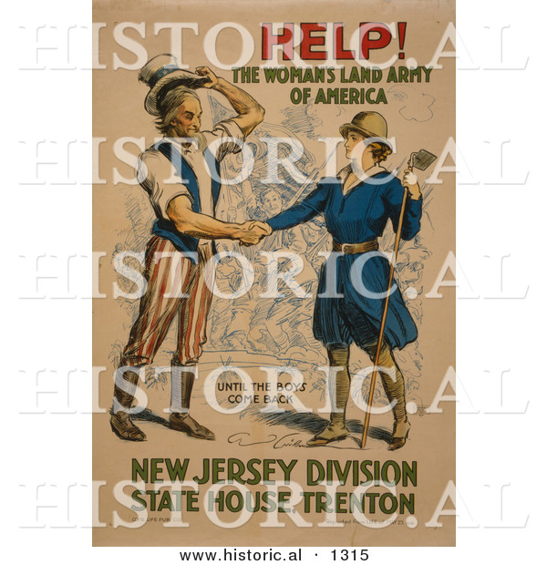 Historical Illustration of Uncle Sam: HELP! the Woman's Land Army of America - Until the Boys Come Back - New Jersey Division State House. Trenton