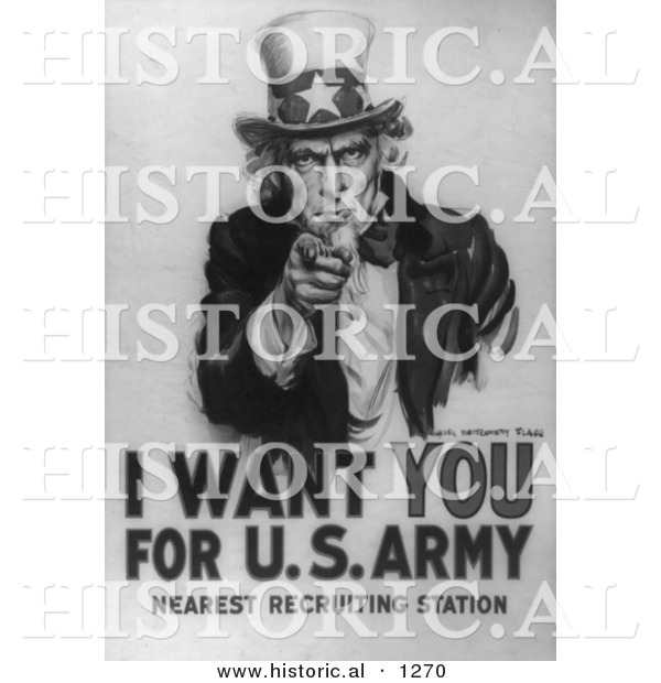 Historical Illustration of Uncle Sam: I Want You for US Army - Black and White Version