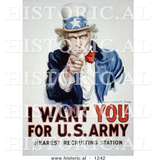 Historical Illustration of Uncle Sam: I Want You for US Army - Nearest Recruiting Station