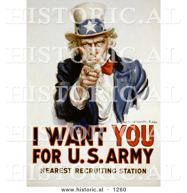Historical Illustration of Uncle Sam: I Want You for US Army - Recruiting Station