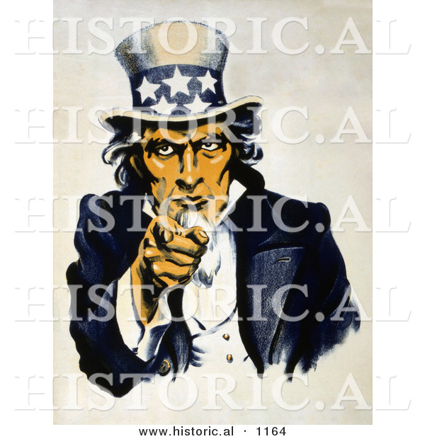 Historical Illustration of Uncle Sam in Blue, Pointing Outwards - Navy War Recruitment
