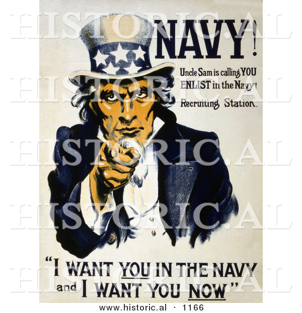 Historical Illustration of Uncle Sam Poster Quote "I Want You in the Navy and I Want You Now"