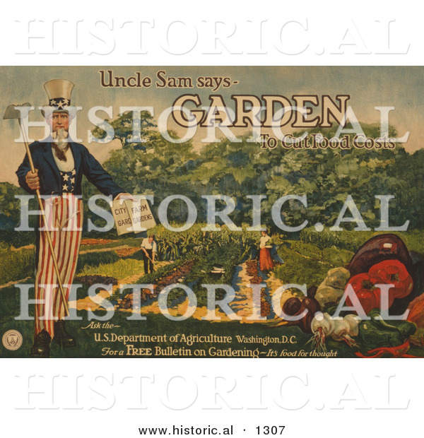 Historical Illustration of Uncle Sam Says "Garden to Cut Food Costs" - United States Department of Agriculture - Free Bulletin on Gardening - It's Food for Thought
