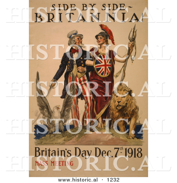 Historical Illustration of Uncle Sam: Side by Side - Britannia! - Britain's Day Dec. 7th, 1918 - Mass Meeting