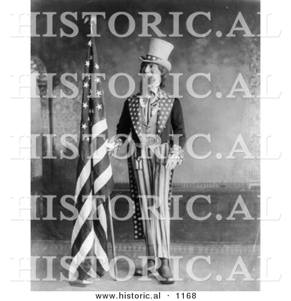 Historical Illustration of Uncle Sam Standing Beside an American Flag, 1898 - Black and White