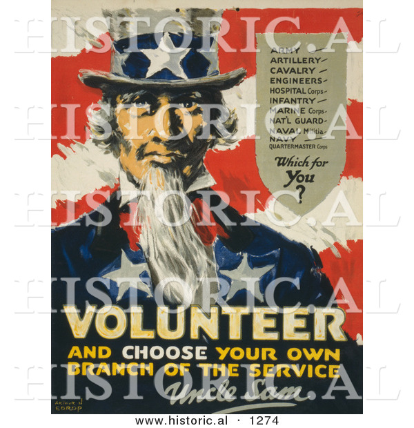 Historical Illustration of Uncle Sam: Volunteer, and Choose Your Own Branch of the Service