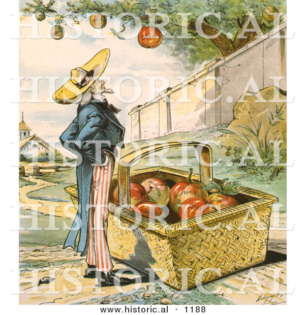 Historical Illustration of Uncle Sam Waiting for Apples to Fall from a Tree in to His Big Basket - Patient Waiters Are No Losers 1897