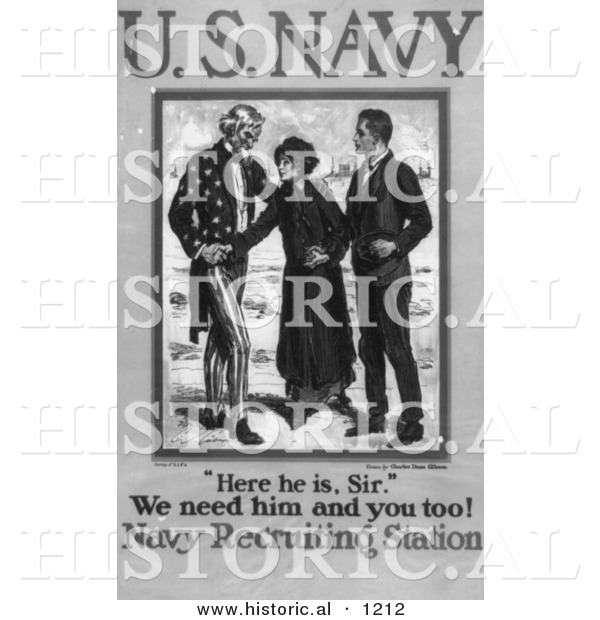 Historical Illustration of Uncle Sam: We Need Him and You Too! - American Navy Recruiting Station - Black and White Poster