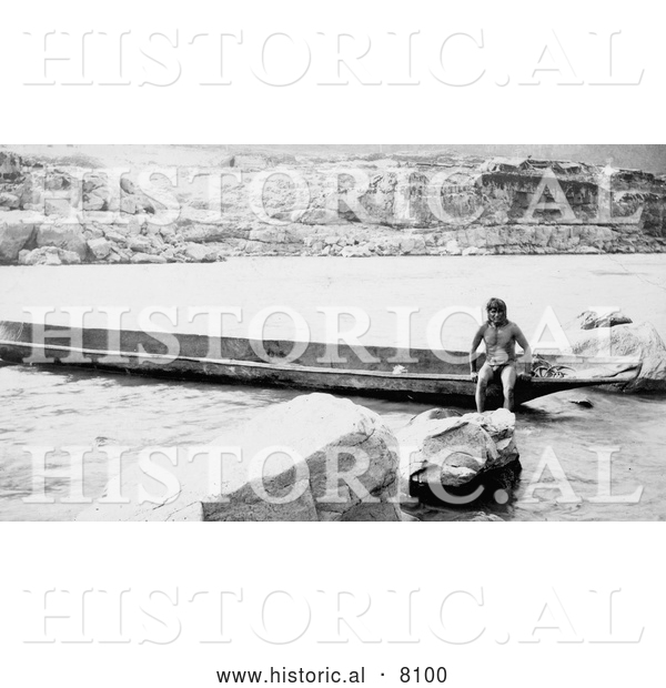Historical Image of Celilo Native American Indian with Canoe 1897 - Black and White