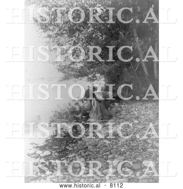 Historical Image of Flathead Native American Indian Woman by River 1910 - Black and White