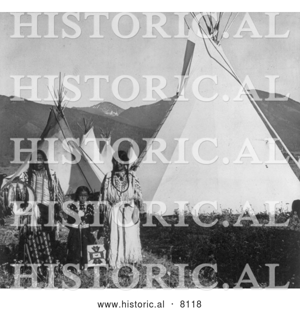Historical Image of Native American Indian Chief Charlot with Family 1908 - Black and White