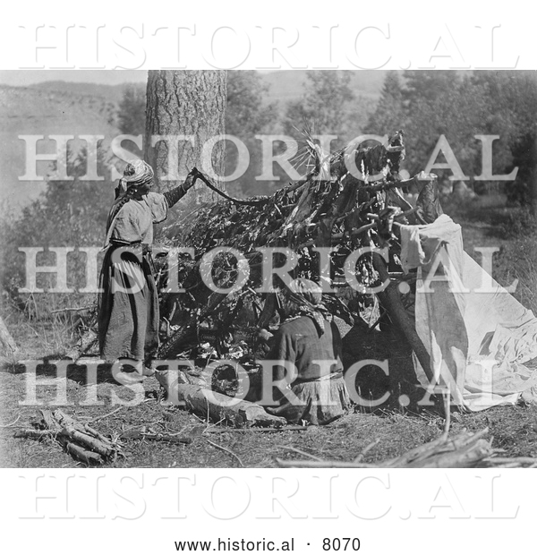 Historical Image of Native American Indian Salish Women Drying Meat 1910 - Black and White