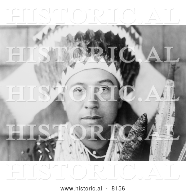 Historical Image of Native American Indian Wearing a Tolowa Head Dress 1923 - Black and White