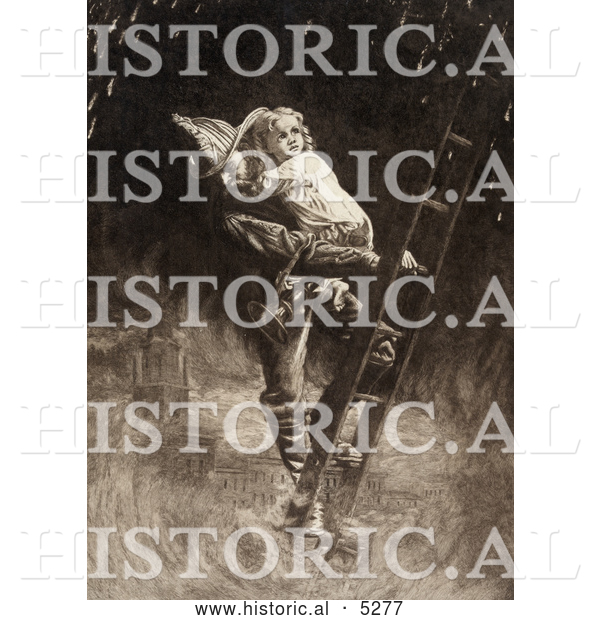 Historical Painting of a Fireman Rescuing a Little Girl, Carrying Her on His Shoulder While Climbing down a Ladder During a Building Fire