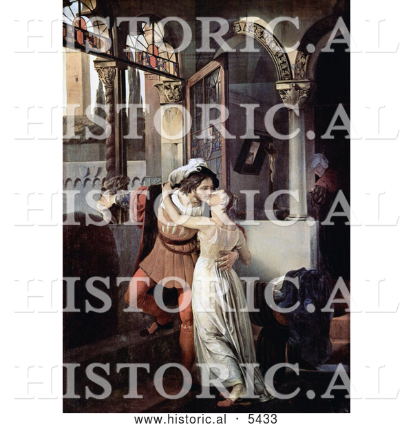 Historical Painting of a Man and Woman Embracing and Kissing Passionately, Romeo and Juliet