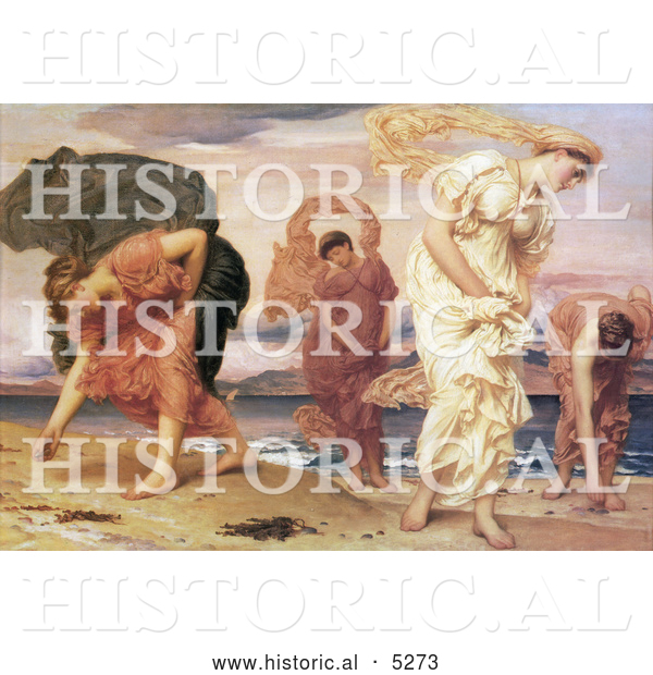 Historical Painting of Greek Girls Picking up Pebbles by the Sea by Frederic Lord Leighton
