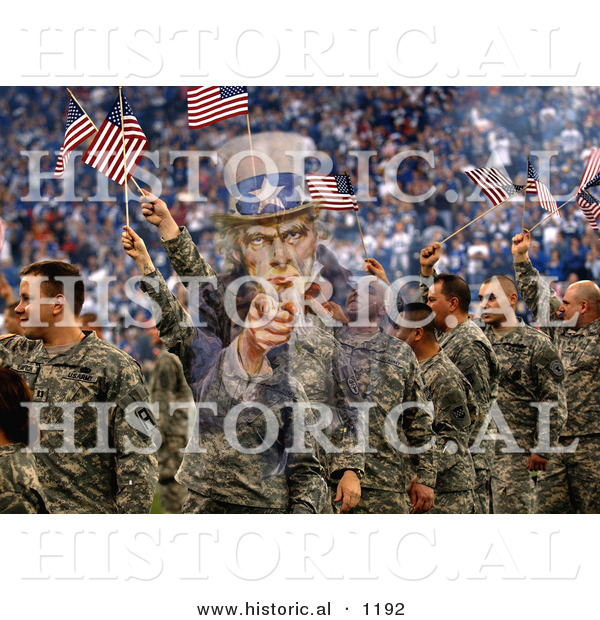 Historical Photo Illustration of Uncle Sam Composited over Soldiers Waving American Flags in the Background