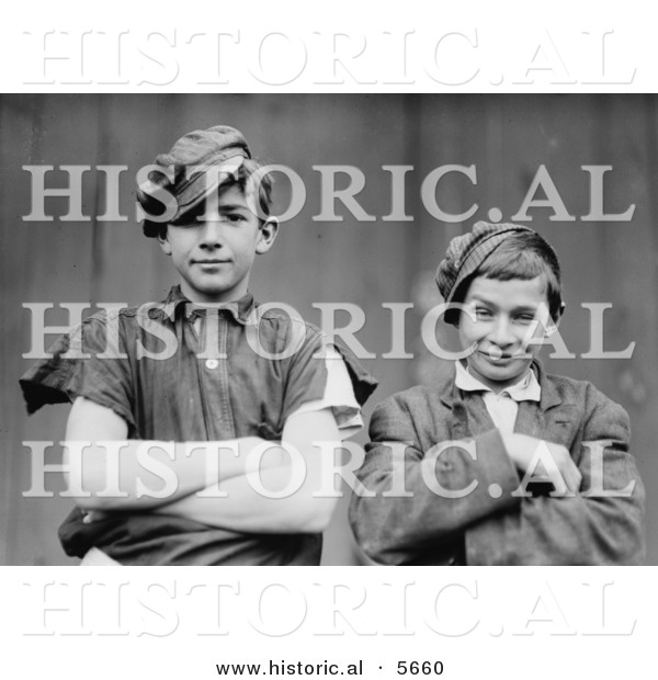 Historical Photo of 2 Glassworker Boys Grinning While Posing with Their Arms Crossed In1909 - Black and White Version