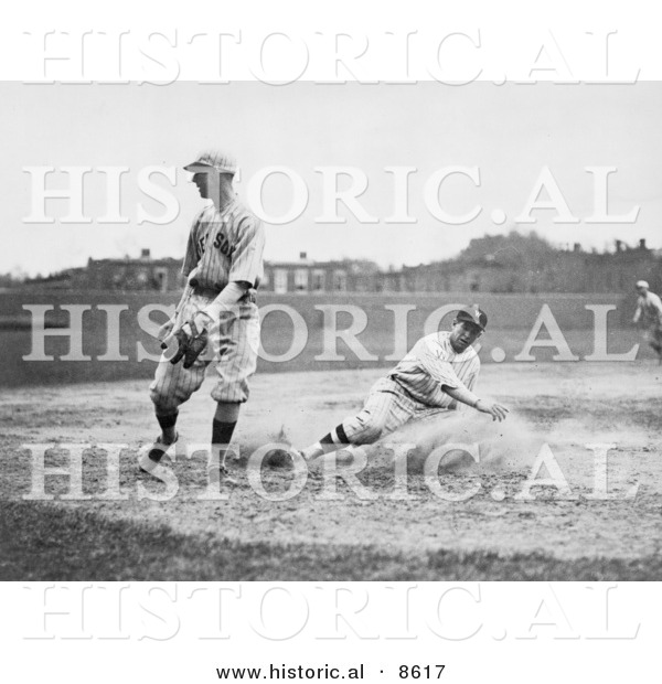Historical Photo of a Baseball Player Sliding for Third Base While Baseman Waits for the Ball - Black and White Version