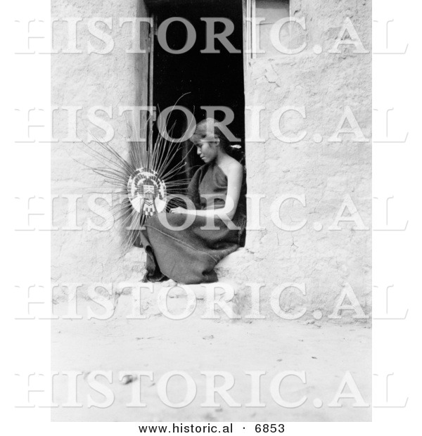 Historical Photo of a Female Hopi Native American Indian Weaving a Basket 1908 - Black and White Version