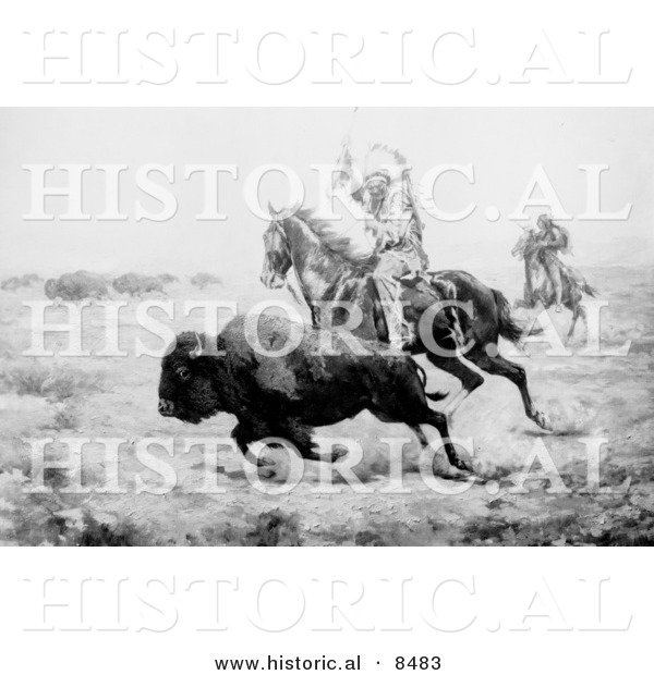 Historical Photo of a Native American Indian Hunting Bison on Horseback 1901 - Black and White Version
