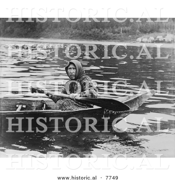 Historical Photo of a Tlingit Woman Paddling a Boat, Hoonah, Alaska 1903 - Native American Indian - Black and White Version