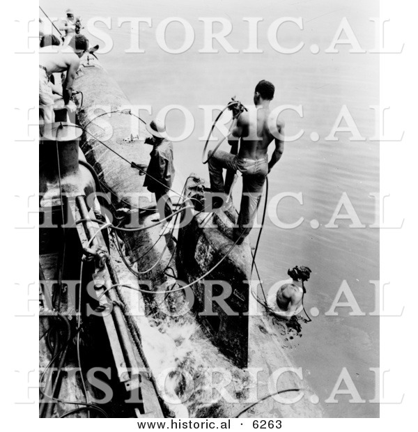 Historical Photo of American Sailors Fastening a Submarine - Black and White Version