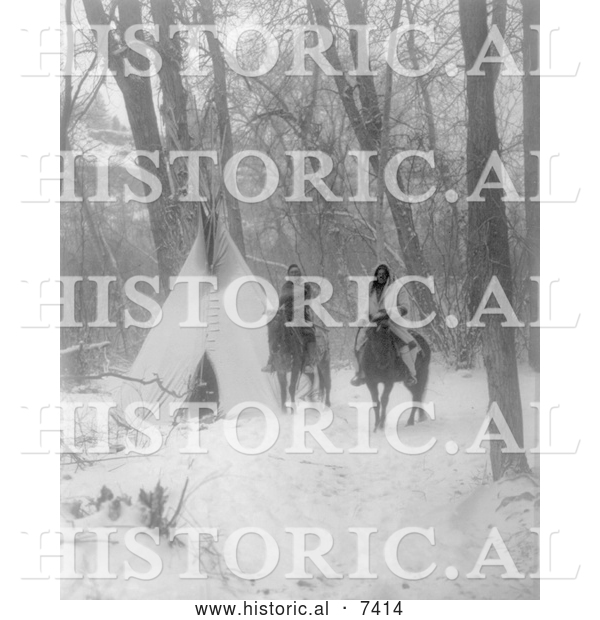 Historical Photo of Apsaroke Camp in Winter, People on Horses 1908 - Black and White