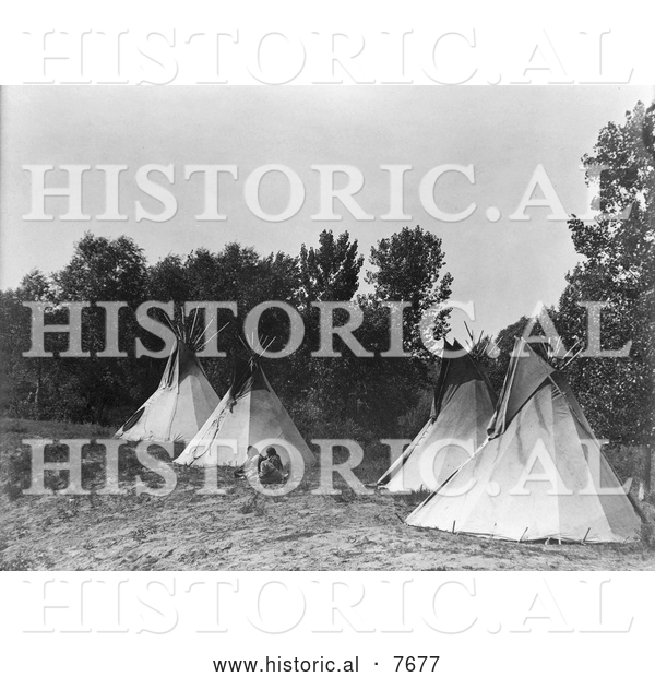 Historical Photo of Assiniboine Indian Camp with Tipis 1908 - Black and White