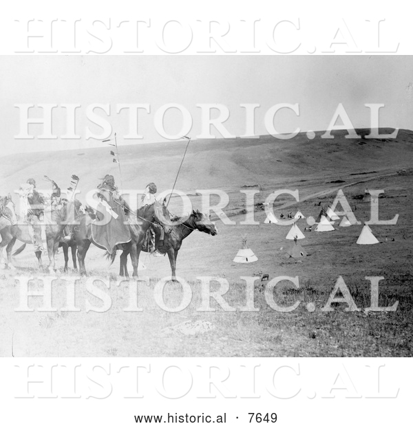 Historical Photo of Atsina Indians on Horses, Overlooking Encampment 1908 - Black and White