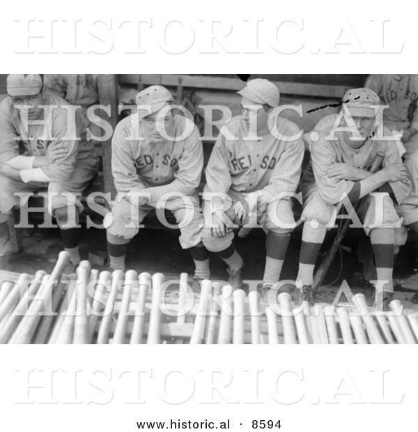 Historical Photo of Babe Ruth Sitting in a Dugout with Bill Carrigan, Jack Barry, and Vean Gregg - Black and White Version