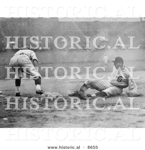 Historical Photo of Baseball Player Sliding for Third Base As a Fielder Reaches for the Ball - Black and White Version