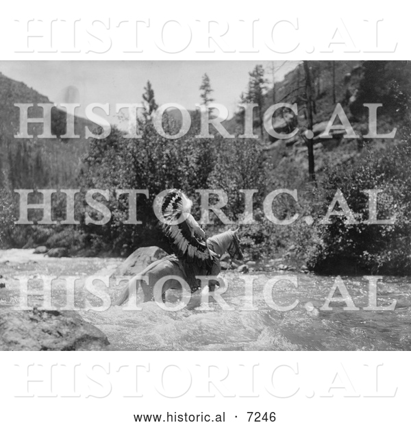 Historical Photo of Bullchief Crossing River on Horseback 1905 - Black and White