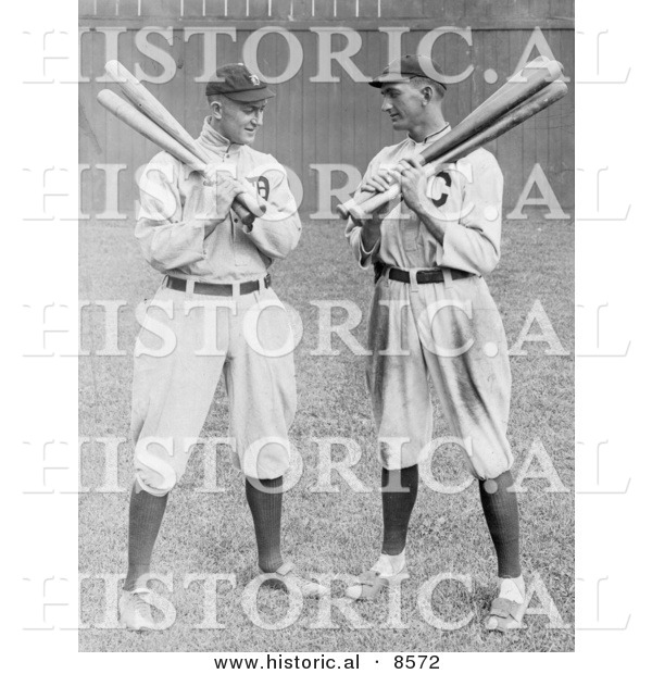 Historical Photo of Detroit Tigers Baseball Player, Ty Cobb, Standing and Holding Bats with Joe, Joe Jackson, of the Cleveland Naps - Black and White Version