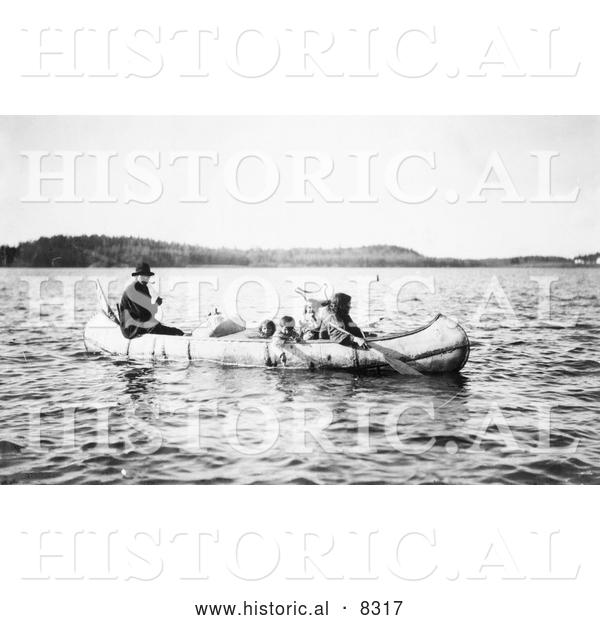 Historical Photo of Five Ojibwa Indians in Canoe 1913 - Black and White Version