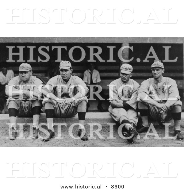 Historical Photo of Four Baseball Players, Babe Ruth, Ernie Shore, Rube Foster, and Del Gainer of the Boston Red Sox, Sitting Together - Black and White Version