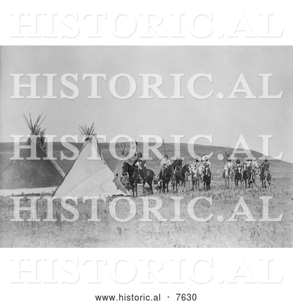 Historical Photo of Indian War Party near Tipis 1908 - Black and White