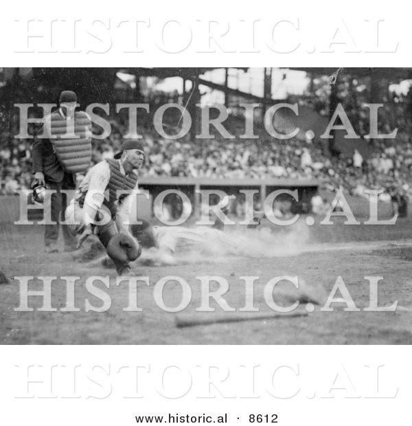 Historical Photo of Lou Gehrig Sliding for Home Plate While Catcher Hank Severeid Waits for the Ball - Black and White Version