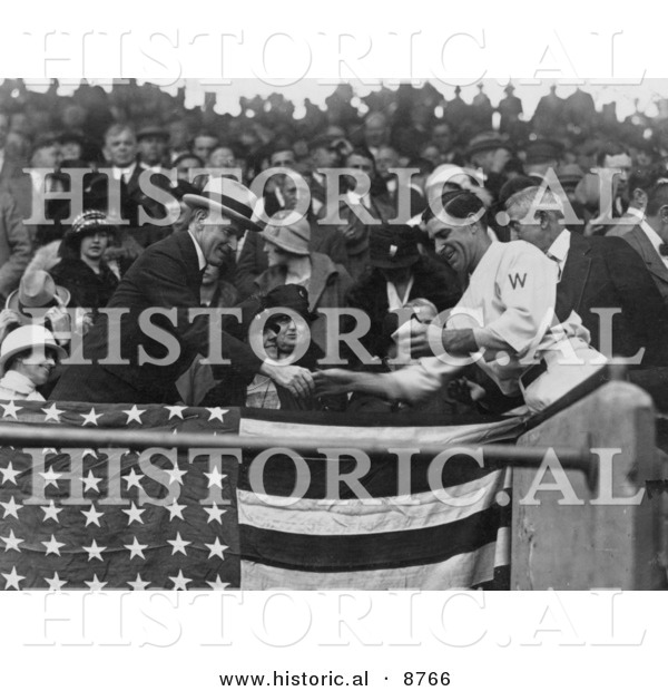 Historical Photo of Manager Stanley Harris Presenting President John Coolidge at a Baseball Game - Black and White Version