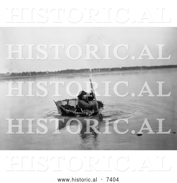 Historical Photo of Mandan Indian Rowing a Bull Boat 1908 - Black and White