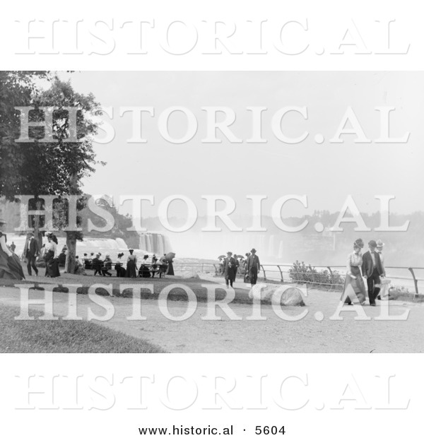 Historical Photo of People Walking Around at Prospect Point Park, Niagara Falls - Black and White Version